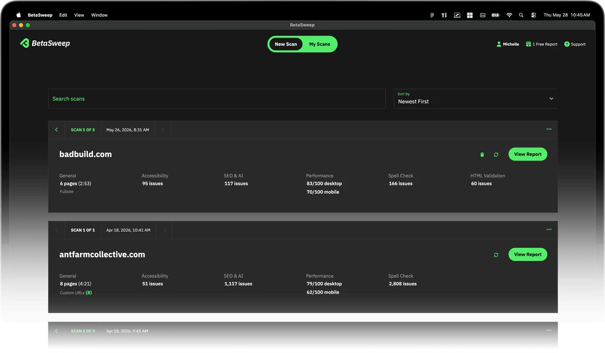 BetaSweep app showing a list of recent scans under the My Scans screen