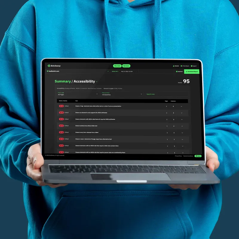 A young man in a hooded sweatshirt holding a laptop showing a list of rule violations from a BetaSweep scan