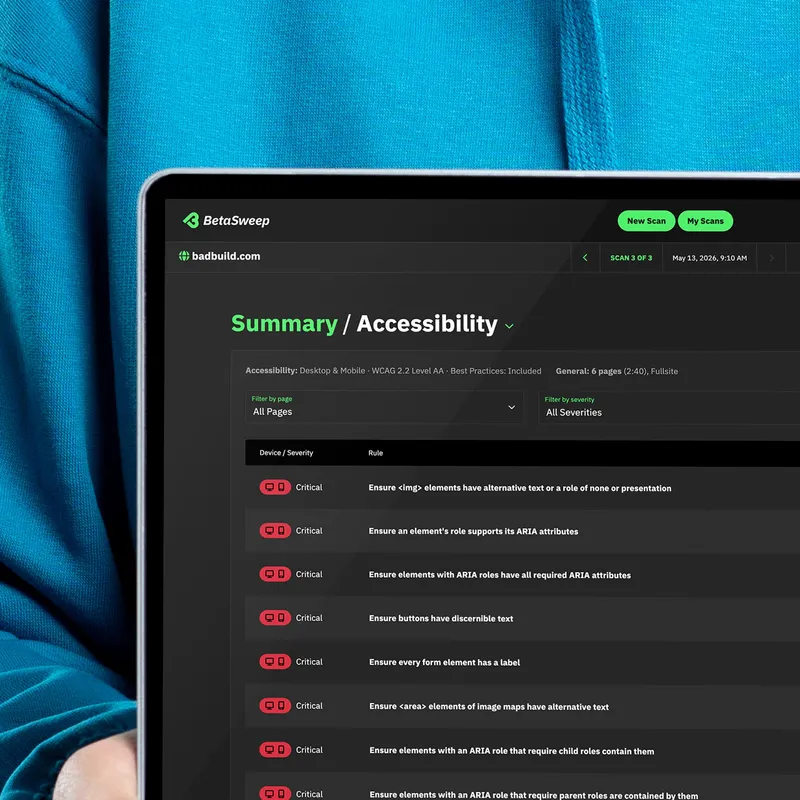 Zoomed in on a laptop showing a list of rule violations from a BetaSweep scan